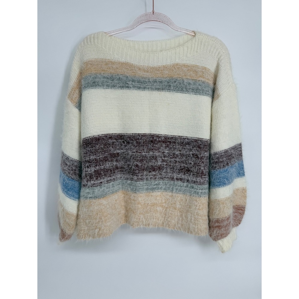 Venus Sz XS Cozy Striped Fuzzy Tan White Sweater Women's Long‎ Sleeve Pullover